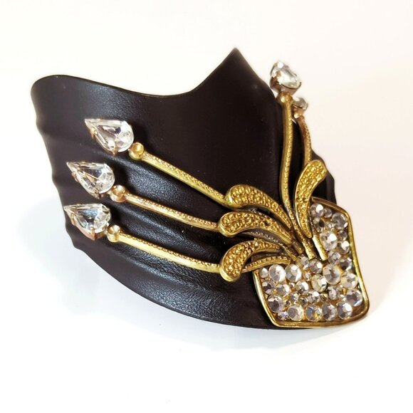 Vintage Luigi Briglia Black Leather & Rhinestone Cuff Bracelet Italian Designer - Picture 1 of 8